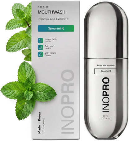 INOPRO Foam Mouthwash with Nano-Hydroxyapatite, Xylitol, Hyaluronic Acid, Vinamin C, Alcohol Free, Fluoride Free Oral Rinse Portable Travel Size - Spearmint, 2.03 fl oz