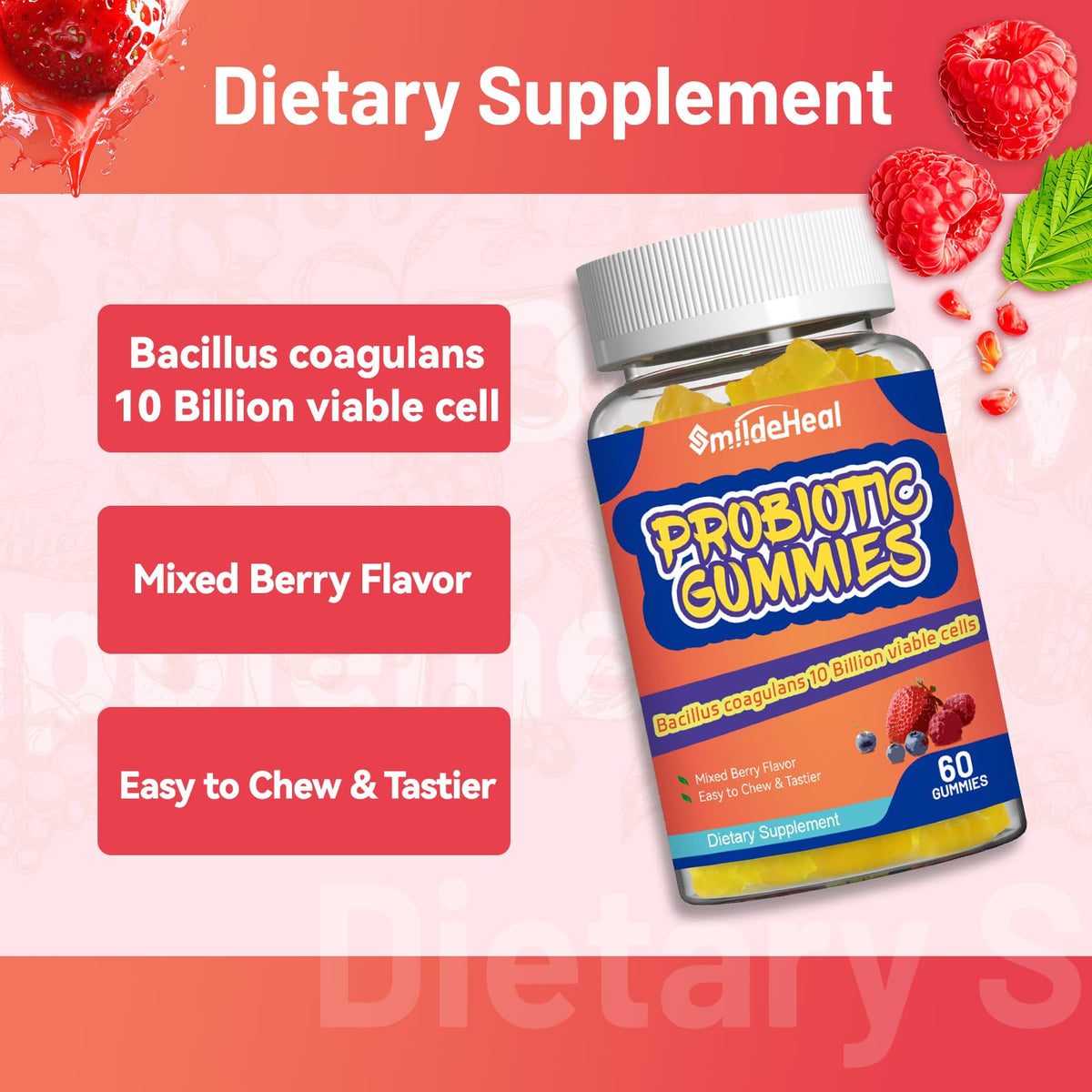 Probiotic Gummies for Digestive Health 10 Billion CFU Bacillus 60 Count | Probiotic Gummies for Digestive Health 10 Billion CFU Bacillus Coagulans Immune & Digestive Support for Men & Women 60 Count