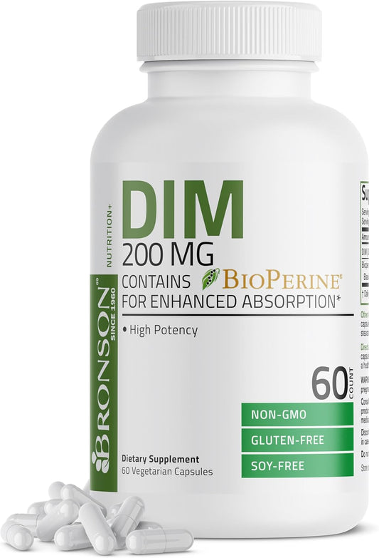Bronson DIM 200 MG Supplement Diindolymethane with BioPerine for Enhanced Absorption, Estrogen Metabolism & Maintains Balanced Hormone Levels, 60 Vegetarian Capsules
