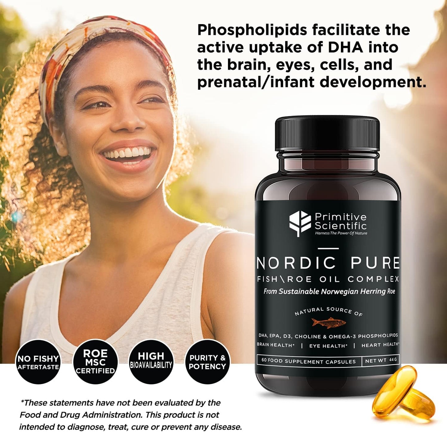 Primitive Scientific Nordic Pure Oil Complex (60 Fish Oil Capsules) for Brain, Immunity & Vision - Heart Supplement w/EPA, DHA, Vitamin D3, Choline - Omega 3 Supplements