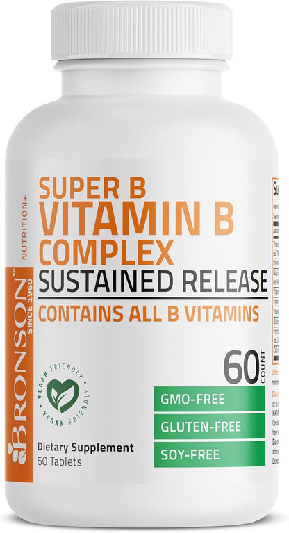 Bronson Super B Vitamin B Complex Sustained Release for Energy, 60 Tablets | B1, B2, B3, B6, Folic Acid, B12, Biotin & Pantothenic Acid, One-Tablet Formula, Non-GMO, Gluten-Free & Soy-Free