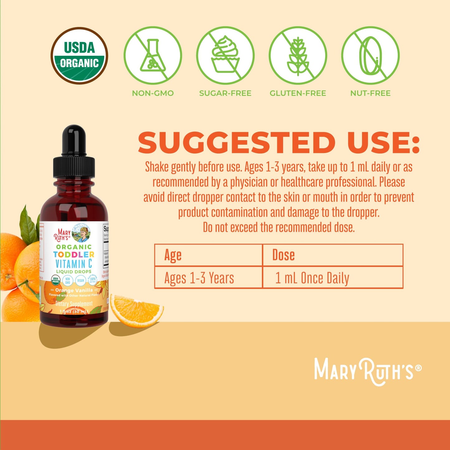 MARYRUTH'S Organic Toddler Vitamin C Drops for Immunity | Ages 1-3 Years | 15 mg Per Serving | Vitamin C for Immune Support & Overall Health | Vegan | Sugar Free | Gluten Free | Non-GMO | 30 Servings