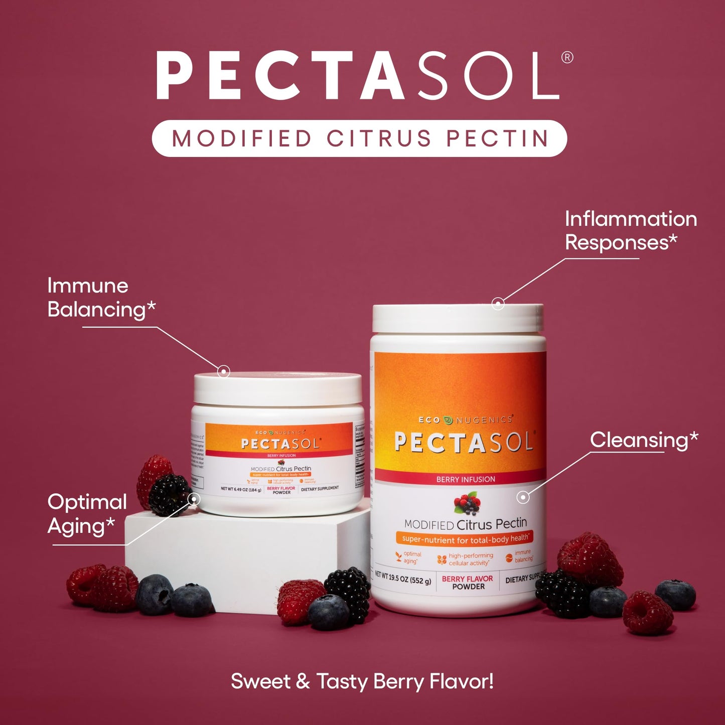 EcoNugenics PectaSol Modified Citrus Pectin – 184g Berry Powder – Total-Body Health Supplement to Support Immune System, Inflammation Response & Healthy Aging + Maintain Healthy Galectin-3 Levels