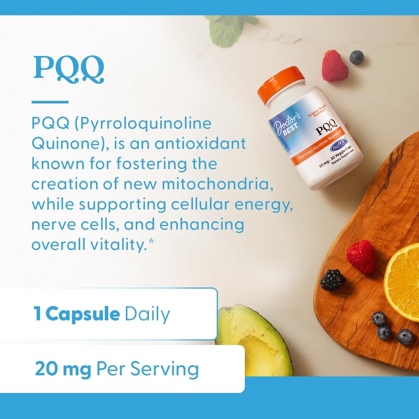 Doctor's Best PQQ with BioPQQ Supplement 20 mg - Brain Health Support for Men & Women, Pyrroloquinoline Quinone Capsules, Daily Mitochondrial Function & Energy Support, Gluten Free, Vegan- 30 Veg Caps