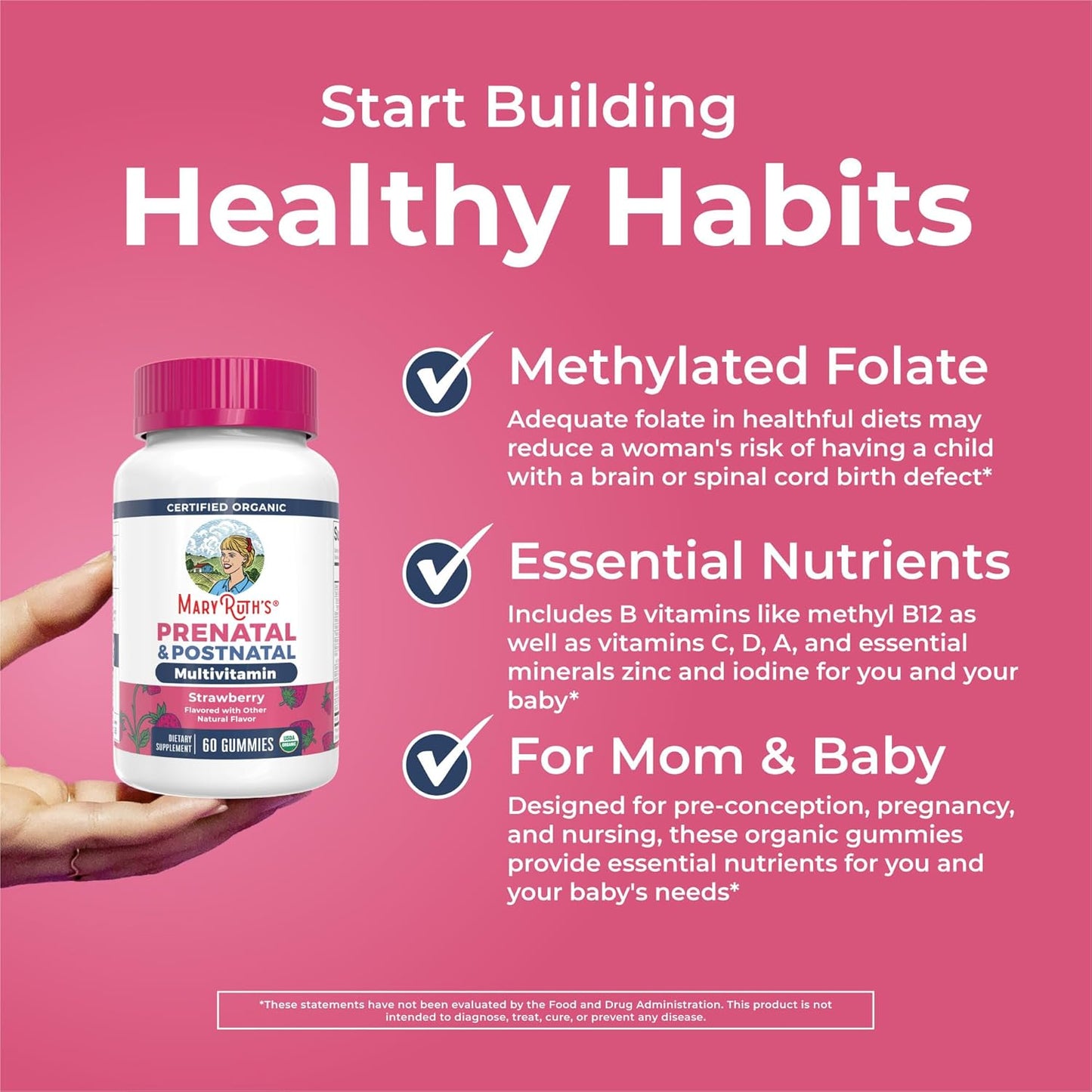 MARYRUTH'S Organics Prenatal Vitamins for Women | USDA Organic Prenatal Gummies | Postnatal Vitamins for Women Breastfeeding | Methylfolate 800 mcg DFE | Iodine | Vegan | Non GMO | 30 Servings