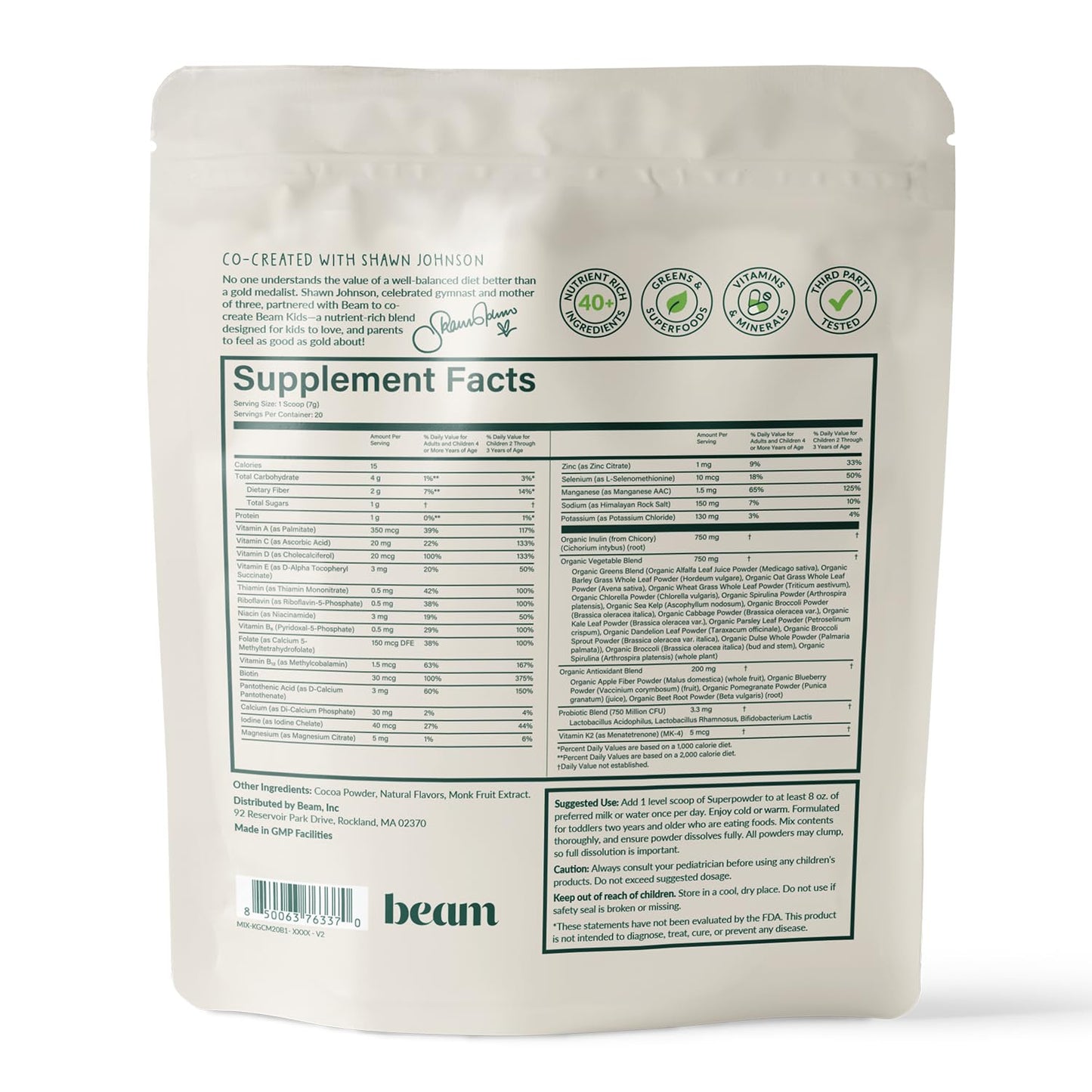 BEAM Kids Multivitamin Powder – Kids Vitamins with Greens, Probiotic & Prebiotic, Immune Support for Children & Toddlers, No Artificial Sweeteners, for Picky Eaters, 20 Servings, Chocolate Flavor