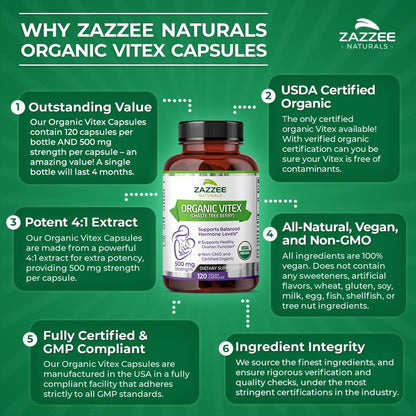 Zazzee USDA Organic Vitex, 500 mg Strength, 120 Vegan Capsules, 4 Month Supply