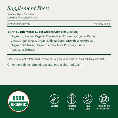 Snap Supplements USDA Organic Spirulina and Chlorella, 120 Vegan Capsules | Certified Organic Protein Rich Blue Green Algae Superfood Supplement for Energy and Immune Support, Non-GMO 30 Day-Supply