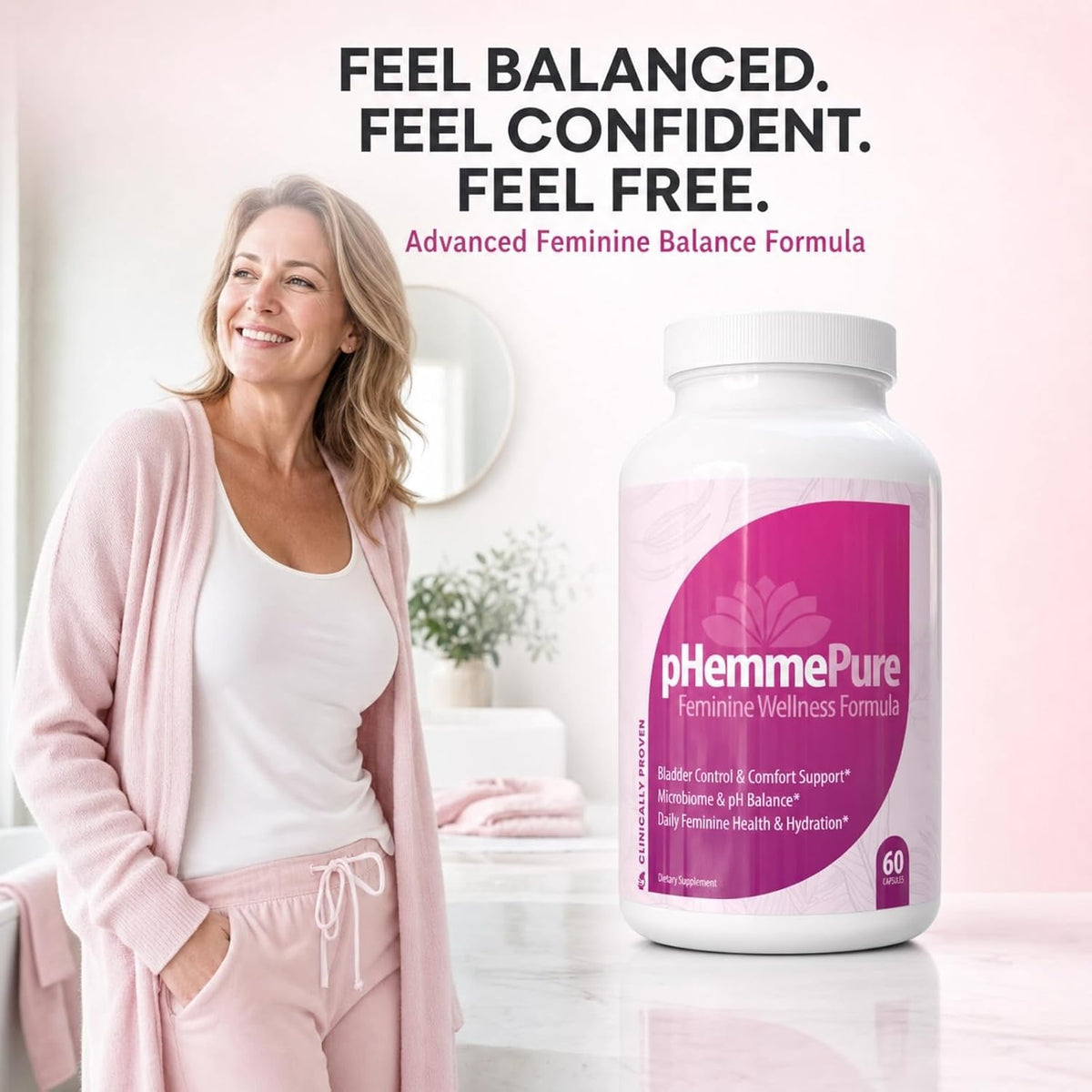 pHemmePure Advanced Feminine Balance Formula with D-Mannose Cranberry Extract Hibiscus & Dandelion - Daily Urinary Tract Support for Women - Promotes Healthy Vaginal pH & Bladder Comfort - 60 Capsules