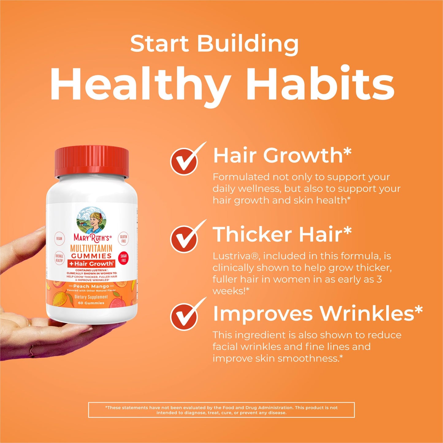 MaryRuth's Multivitamin + Hair Growth Gummies | with Lustriva® | Biotin 10000mcg | B Vitamins | Formulated for Thicker Hair, Wrinkles, Fine Lines, Skin Care | Ages 18+ | 30 Servings