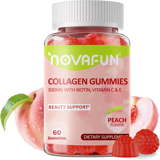 Collagen Gummies for Women - 300mg Collagen with Biotin, Vitamins C & E - Hair, Skin & Nails Supplement - Gluten Free, Vegetarian, Peach Flavor, 60 Gummies