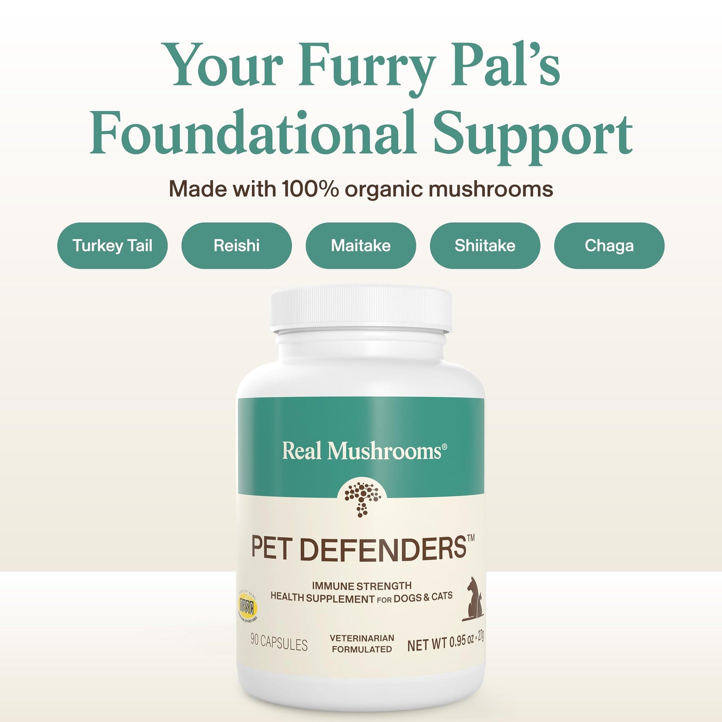 Real Mushrooms Pet Defenders - Dog Immune Support with Reishi, Turkey Tail, Shiitake, Maitake Organic Mushroom Extracts, Chaga - Daily Digestion and Immune Support for Dogs and Cats, 90ct