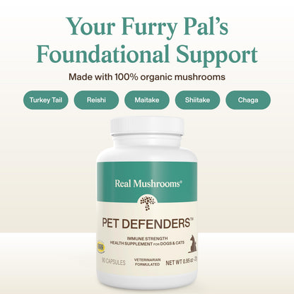 Real Mushrooms Pet Defenders - Dog Immune Support with Reishi, Turkey Tail, Shiitake, Maitake Organic Mushroom Extracts, Chaga - Daily Digestion and Immune Support for Dogs and Cats, 90ct