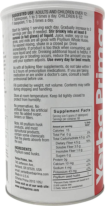 Yerba Prima Psyllium Whole Husk, 1 Bottle 12 oz - Fiber Supplement, Vegan, No Sugar or Artificial Sweeteners, Non GMO, Gluten Free