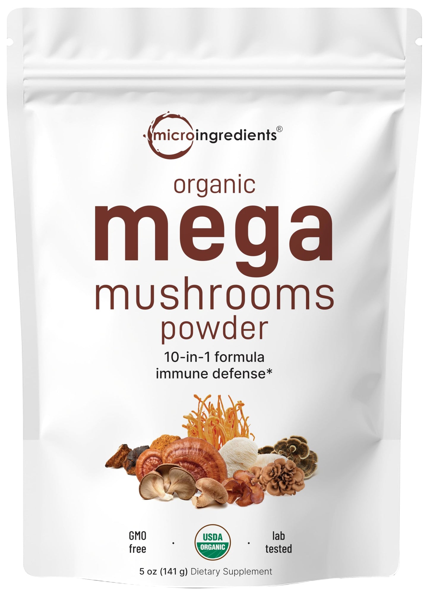 Micro Ingredients Organic Mega Mushroom Powder, 5oz (141 Days Supply) | 10-in-1 with Chaga, Lion’s Mane, Cordyceps & More | Great for Smoothies & Daily Use | Non-GMO, Vegan Friendly