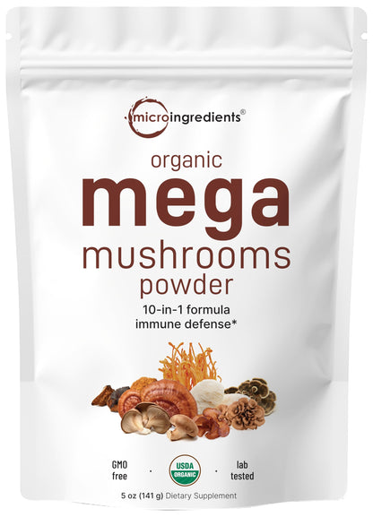 Micro Ingredients Organic Mega Mushroom Powder, 5oz (141 Days Supply) | 10-in-1 with Chaga, Lion’s Mane, Cordyceps & More | Great for Smoothies & Daily Use | Non-GMO, Vegan Friendly
