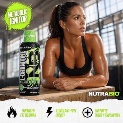 NutraBio – L-Carnitine Liquid Shots – 3000mg, (Green Apple) – 10mg of Vitamin B-5 – Zero Carbs & Sugars – Energy Production – Muscle Recovery