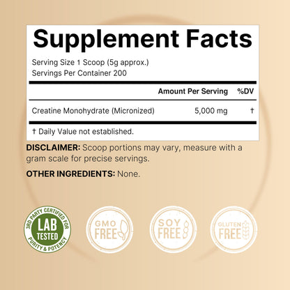 NatureBell Creatine Monohydrate Powder 1,000g, 5,000mg Per Serving, 200 Servings (2.2 lb) | Micronized, Pure & Unflavored | Pre-Workout Muscle Support* | Keto, Vegan, Filler-Free