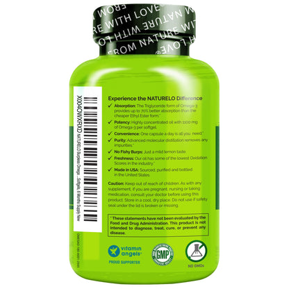 NATURELO Burpless Omega 3 Fish Oil Supplement - 1100mg Triglyceride Omega-3, EPA + DHA, Liquid Fish Oil for Heart, Eye, Brain, Joint Health - 120 Softgels, 4 Months Supply