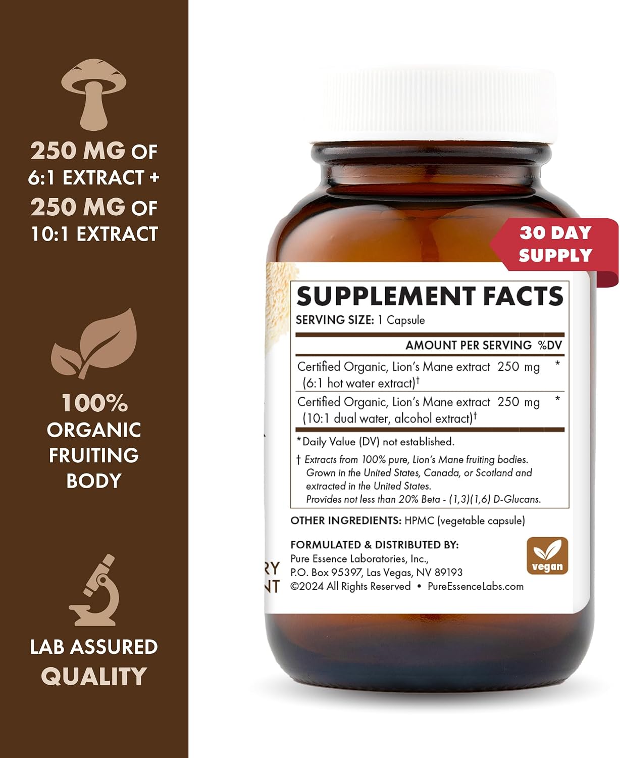 PURE ESSENCE LABS MyPure Lion's Mane 8X - Max Strength Brain Support with 100% Fruiting Body Organic Lion's Mane for Ultimate Cognitive Performance, Focus, and Mental Clarity, 60 Capsules