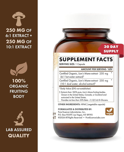 PURE ESSENCE LABS MyPure Lion's Mane 8X - Max Strength Brain Support with 100% Fruiting Body Organic Lion's Mane for Ultimate Cognitive Performance, Focus, and Mental Clarity, 60 Capsules