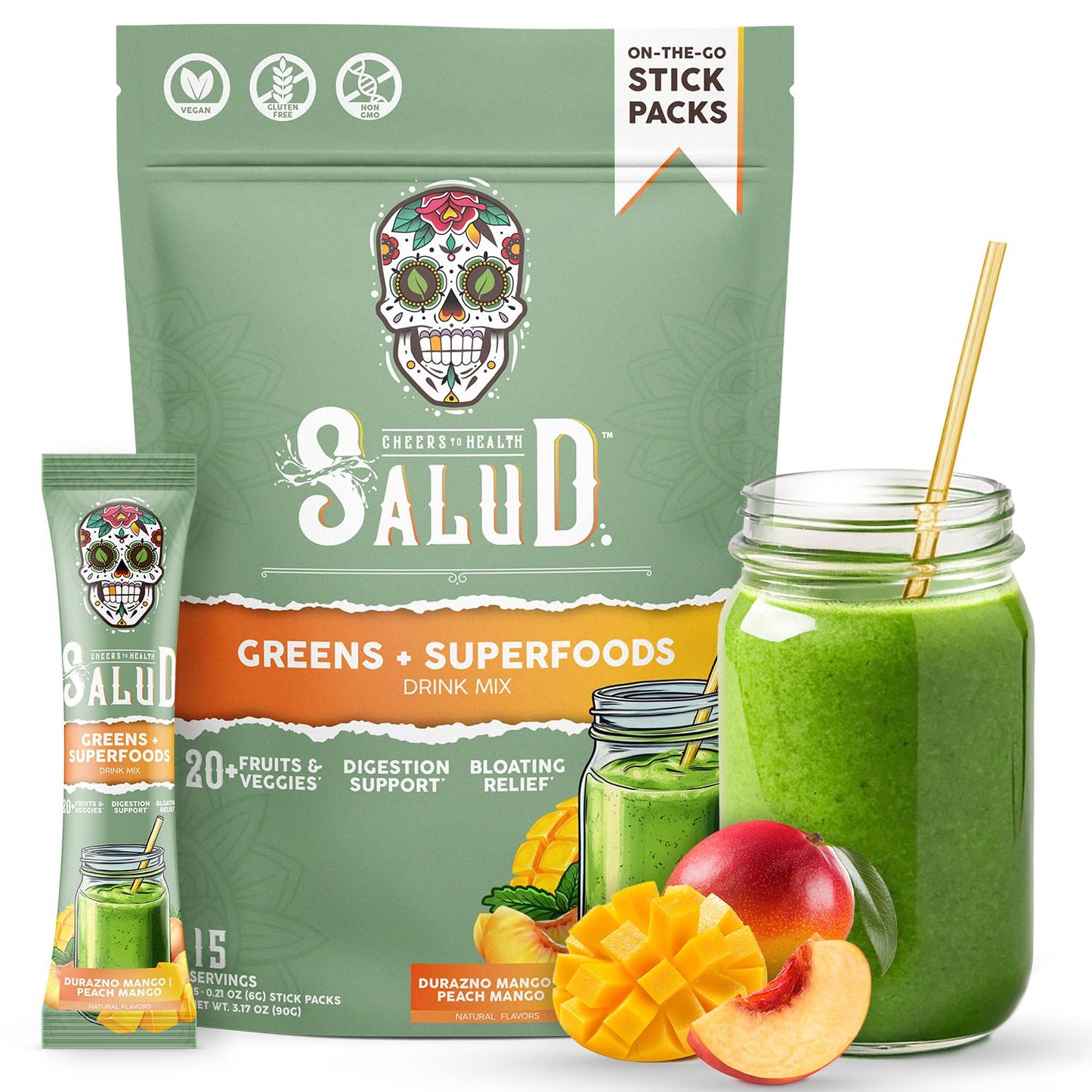Salud 2-in-1 Greens Powder + Superfood Drink Mix, Strawberry Lime | 20+ Fruits and Veggies, Probiotics, Prebiotics, Supports Digestive Health, Bloating Relief, Vegan (15 Servings)