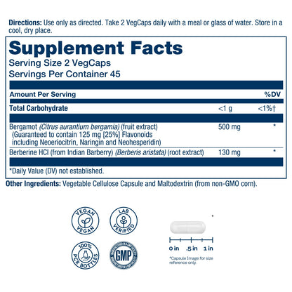SOLARAY Bergamot 500 mg - Citrus Bergamot Supplement for an Active Lifestyle - Standardized to 25% Flavonoids - with Berberine HCl from Indian Barberry - Vegan, 60-Day Guarantee, 30 Serv, 60 VegCaps