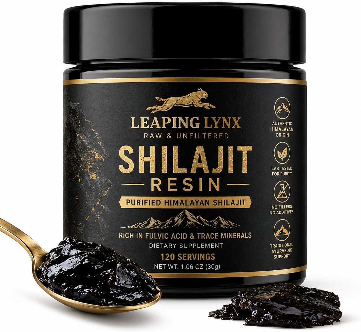 Resina Shilajit del Himalaya de 1,000 mg – 85+ oligominerales, ácido fúlvico orgánico de grado dorado | Cosechado alpino, secado al sol y purificado en laboratorio | Energía, vitalidad, apoyo inmunológico y cardiovascular | Sin OMG