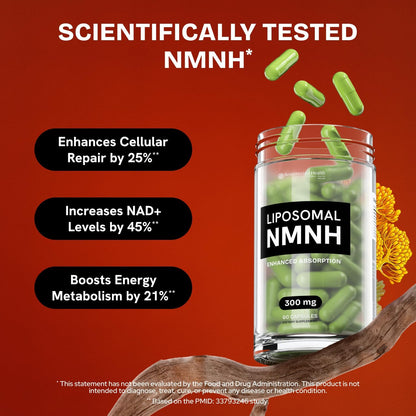 Liposomal NMNH Supplement 300mg – Boosts NAD Anti-Aging, Energy & Focus – NMM Capsules Alternative to for Cellular Vitality – Third-Party Tested, 60 Vegan Capsules | 1 Pack