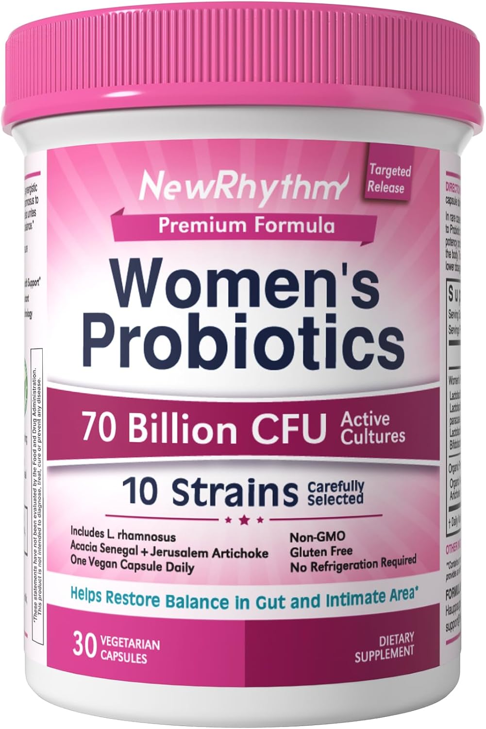 NewRhythm Women's Probiotics, Organic Prebiotics, 70 Billion CFU 10 Strains, Vaginal Probiotics for Urinary & Digestive Health, 30 Vegan Capsules, No Bloating