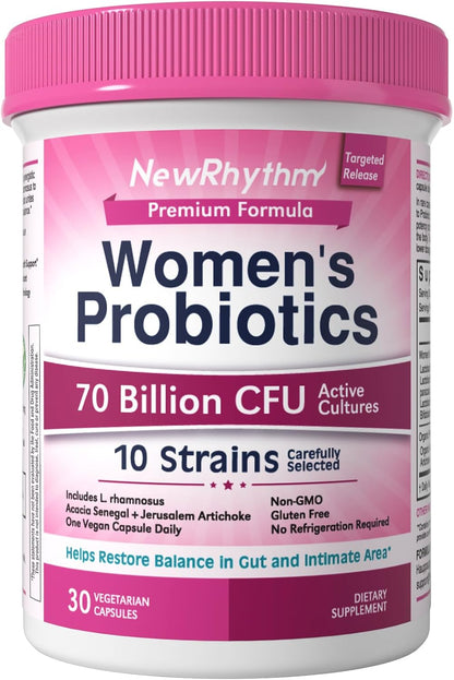 NewRhythm Women's Probiotics, Organic Prebiotics, 70 Billion CFU 10 Strains, Vaginal Probiotics for Urinary & Digestive Health, 30 Vegan Capsules, No Bloating