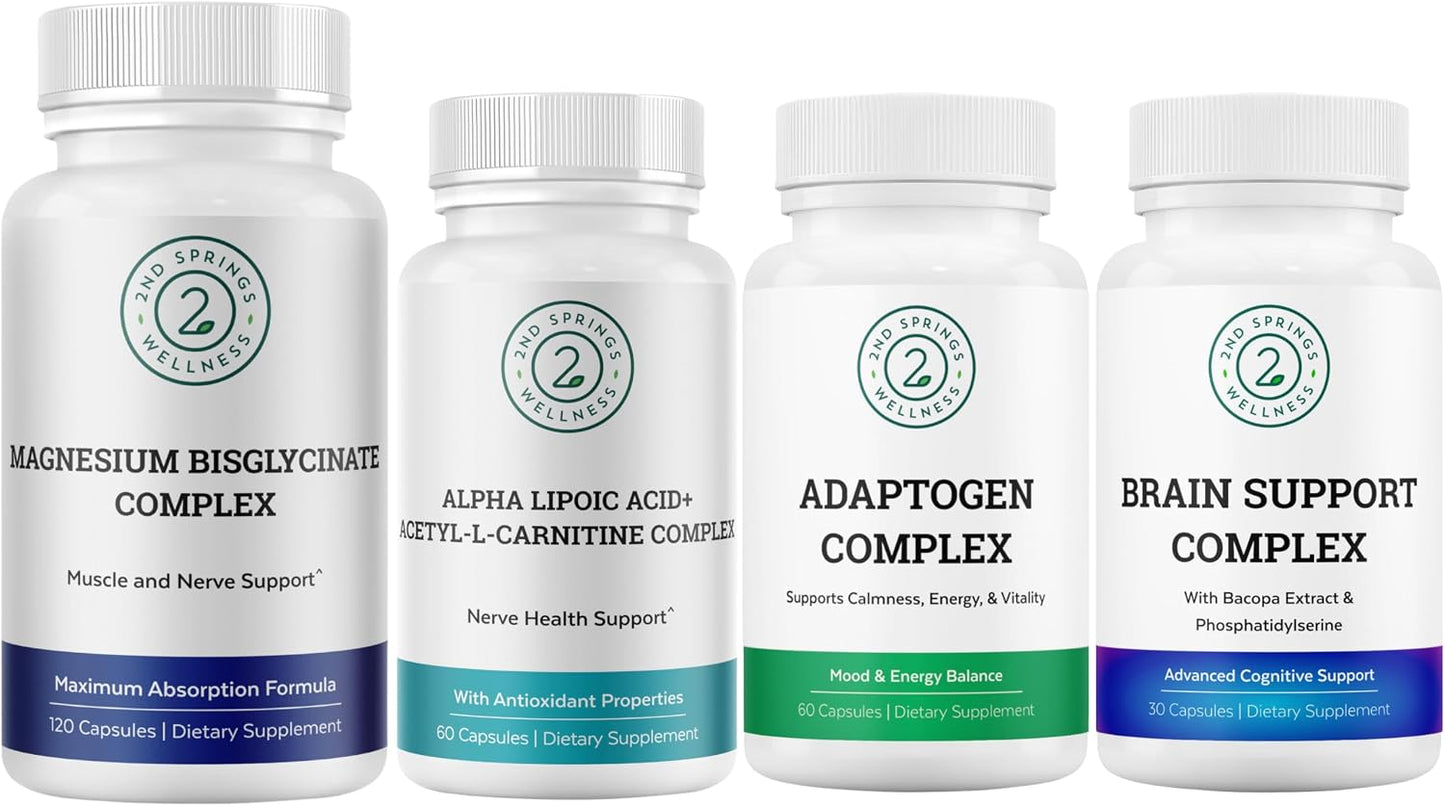Adaptogen Complex + ALA & ALC Complex + Brain Support + Magnesium Bisglycinate Bundle | Stress Relief, Energy, Focus, Cognitive Support, Calm & Daily Wellness