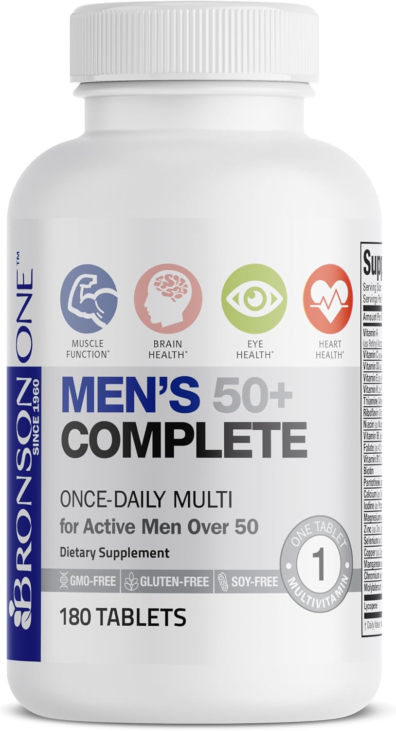 Bronson ONE Daily Mens 50+ Complete Multivitamin Multimineral, 180 Tablets | Once-Daily, Targeted Nutrition For Active Men Over 50, Non-GMO, Gluten-Free, Soy-Free