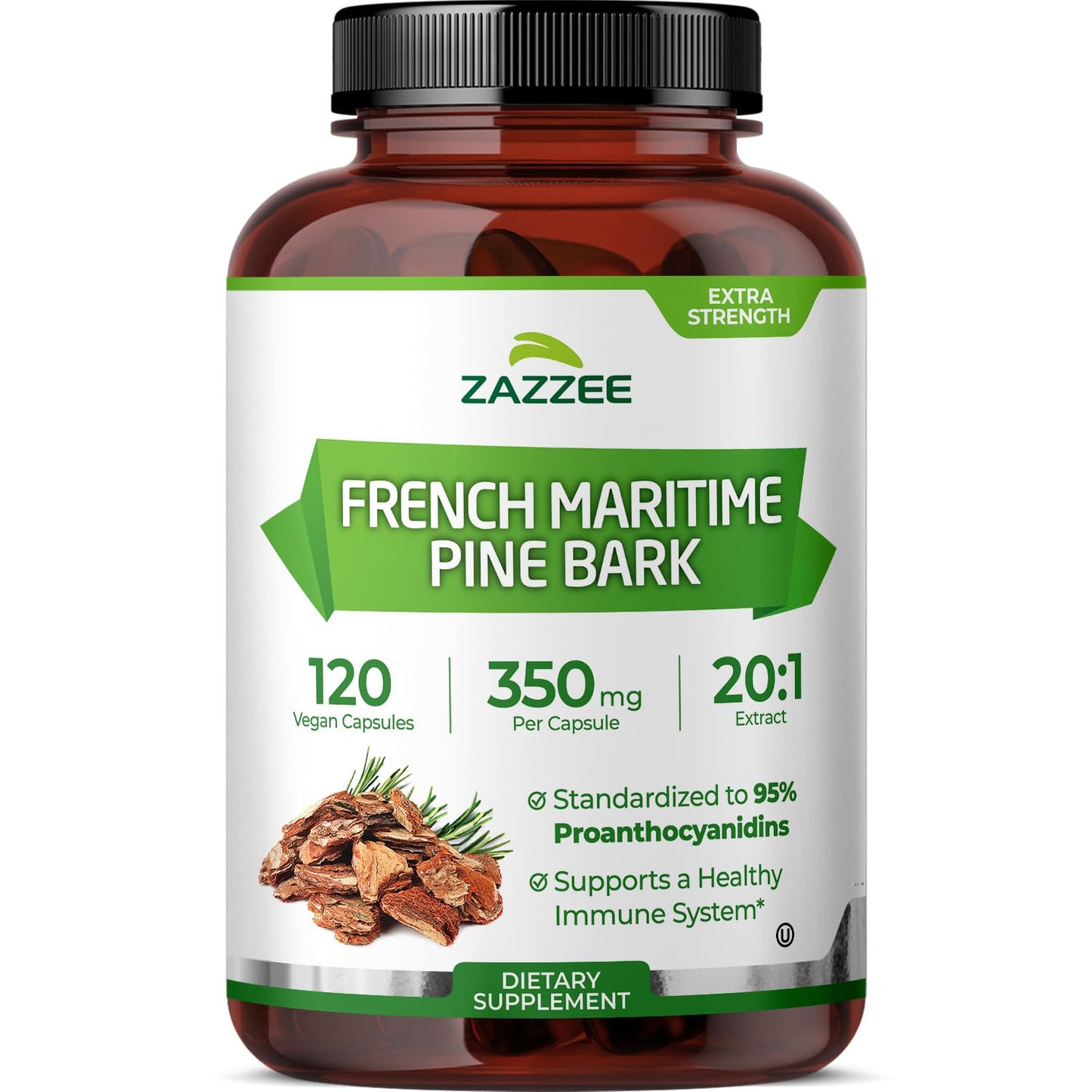 Zazzee Extra Strength French Maritime Pine Bark Extract 20:1, 350 mg Per Capsule, 95% Proanthocyanidins, 180 Vegan Capsules, 6 Month Supply, Certified Kosher, Antioxidant Support, Non-GMO, Made in USA