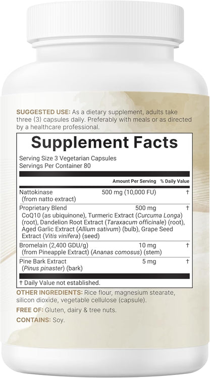 Micro Ingredients Nattokinase 10,000 FU Per Serving, 240 Veggie Capsules | Natural Natto Extract with CoQ10, Turmeric, Aged Garlic & Pine Bark Extract. Non-GMO, Gluten Free.