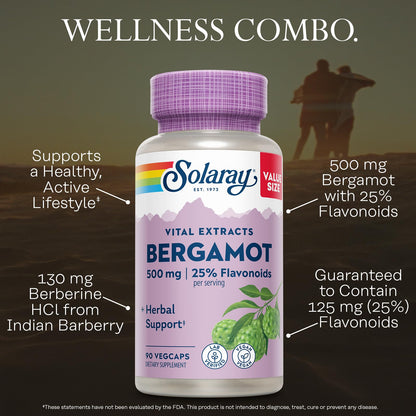 SOLARAY Bergamot 500 mg - Citrus Bergamot Supplement for an Active Lifestyle - Standardized to 25% Flavonoids - with Berberine HCl from Indian Barberry - Vegan, 60-Day Guarantee, 30 Serv, 60 VegCaps