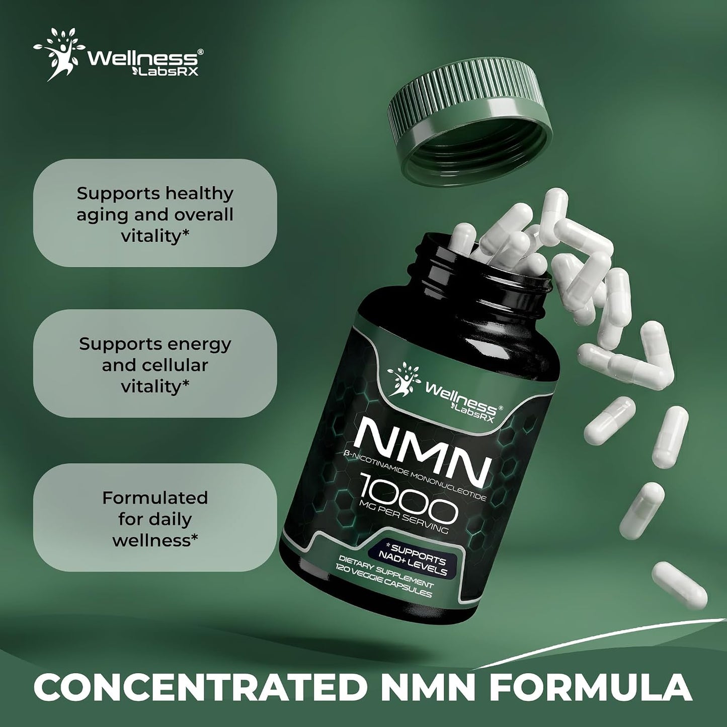NMN Supplement 1000mg Pure Organic Nicotinamide Mononucleotide - NMN NAD Supplement for Anti-Aging, Longevity, Cellular, and Energy Supplements – Suitable for Women and Men Energy Support - 120 Count