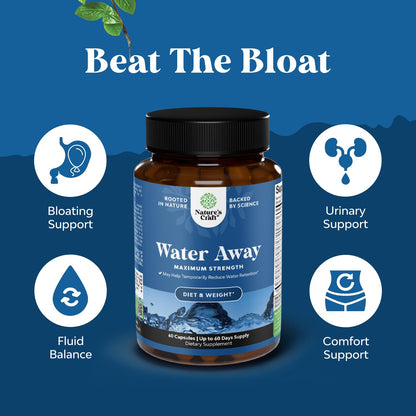 Water Away Herbal Diuretic Pills High Strength - Fluid Retention Supplement with Dandelion Leaf Extract & Green Tea for Bloating Relief for Women & Men - Capsules for Leg & Feet Swelling - 90 Count
