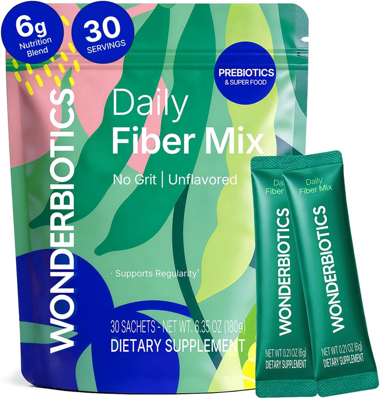 GLP-1 Support Fiber Supplement 6g Powder Packets - 30 Sachets | 5 Diverse Fibers with Prebiotics for Appetite Suppressant, Regularity, PHGG, Psyllium Husk, Daily Drink Mix for Women & Men
