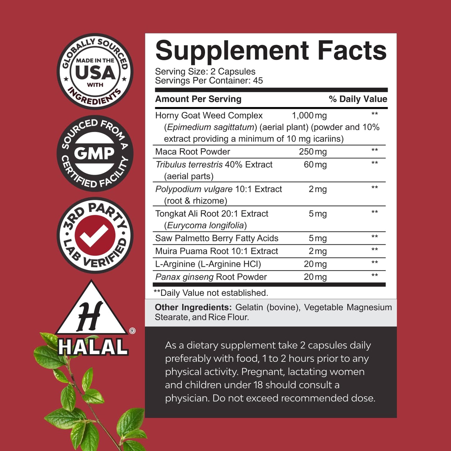 Horny Goat Weed for Men - Extra Strength Male Supplement with Black Maca Root, Tongkat Ali, Saw Palmetto & Panax Ginseng Extract for Stamina & Energy - 60 Count