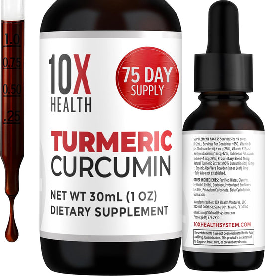 10X Health Turmeric Curcumin Supplement - with D3 & B12 | Curcumin: with Vitamin D3 & B12, Joint, Immunity & Heart Support, 30mL