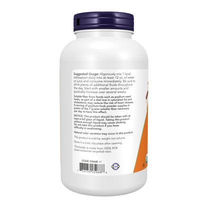 NOW Foods Supplements, Psyllium Husk Powder, Certified Organic, Non-GMO Project Verified, Soluble Fiber, 12-Ounce
