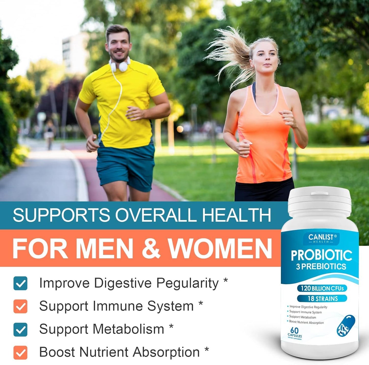 CANLIST Probiotics 120 Billion CFUs 18 Strains, 3 Prebiotics & Digestive Enzymes for Men Women,Digestive & Immune Support,Shelf Stable Non-GMO 60 Capsules