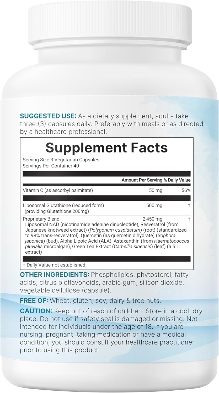Micro Ingredients Liposomal Reduced Glutathione Complex 3,000mg - 8‑in‑1 Advanced Glutathione Supplement with NAD, Resveratrol, Quercetin, Alpha Lipoic Acid & Vitamin C - 120 Vegetarian Caps