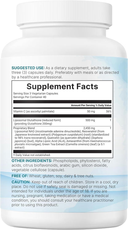 Micro Ingredients Liposomal Reduced Glutathione Complex 3,000mg - 8‑in‑1 Advanced Glutathione Supplement with NAD, Resveratrol, Quercetin, Alpha Lipoic Acid & Vitamin C - 120 Vegetarian Caps