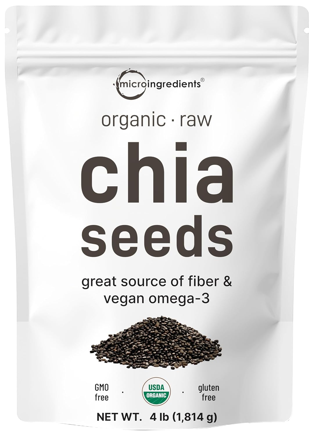 Micro Ingredients Organic Chia Seeds, 4lbs | Contains Omega-3s | Non-GMO | Excellent Source of Fiber | Plant Based Protein | Raw Chia Seed Source | Great for Baking, Smoothies & Pudding | Gluten Free