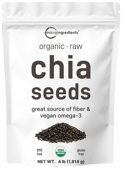 Micro Ingredients Organic Chia Seeds, 4lbs | Contains Omega-3s | Non-GMO | Excellent Source of Fiber | Plant Based Protein | Raw Chia Seed Source | Great for Baking, Smoothies & Pudding | Gluten Free
