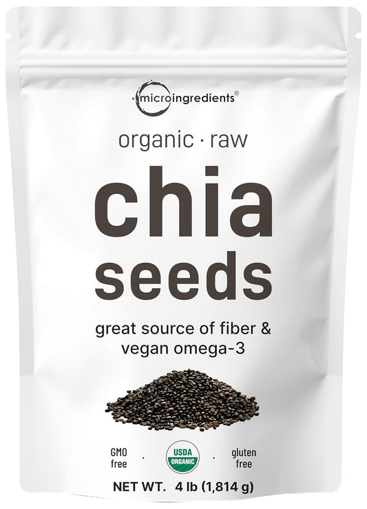 Micro Ingredients Organic Chia Seeds, 4lbs | Contains Omega-3s | Non-GMO | Excellent Source of Fiber | Plant Based Protein | Raw Chia Seed Source | Great for Baking, Smoothies & Pudding | Gluten Free