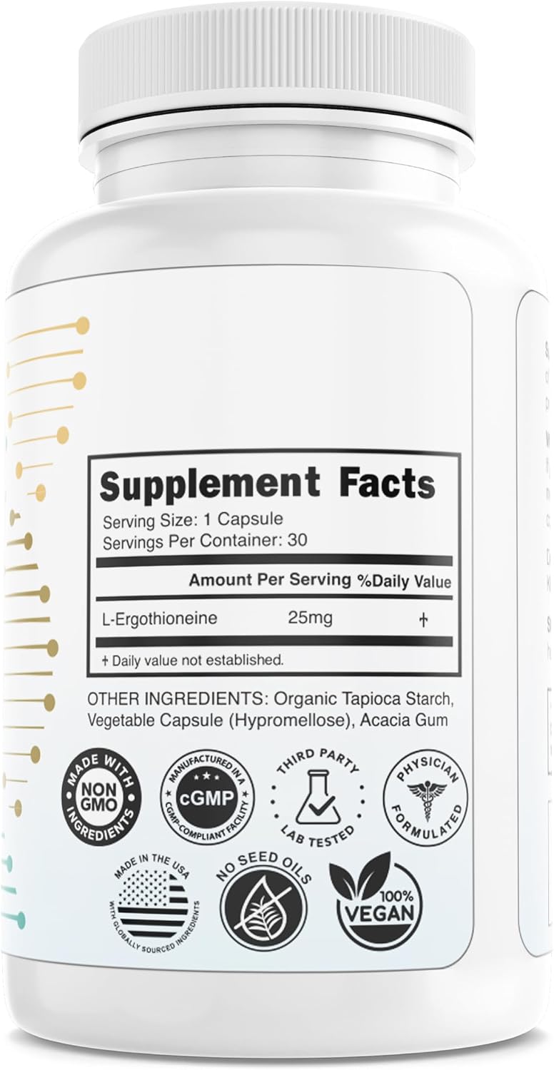L-Ergothioneine Supplement 25mg – Fermentation-Based 99.9%+ Purity – Physician Formulated Antioxidant for Brain, Heart & Longevity – Vegan, Non-GMO, No Seed Oils, GMP USA – 30 Capsules