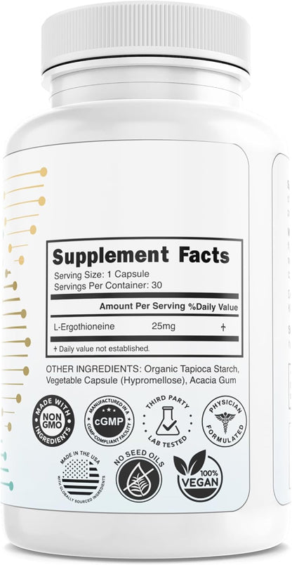 L-Ergothioneine Supplement 25mg – Fermentation-Based 99.9%+ Purity – Physician Formulated Antioxidant for Brain, Heart & Longevity – Vegan, Non-GMO, No Seed Oils, GMP USA – 30 Capsules